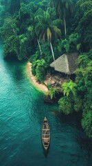 serene landscape featuring a canoe adrift on the ocean, while the vibrant Amazon rainforest thrives around it,