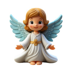 Cute Cartoon Angel Figurine with Blue Wings and Friendly Smile