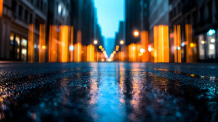 Obraz premium Low Angle View Of Wet City Street At Night With Blurred Orange And Blue City Lights Reflecting On Wet Pavement In Moody And Atmospheric Urban Photography