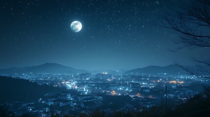 Naklejka premium Night cityscape with full moon and starry sky.