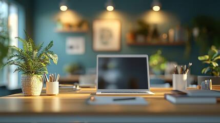 modern office desk with laptop, plants, and stationery, emphasizing sustainable and eco friendly workspace. room is well lit with focus on natural elements and minimalistic design