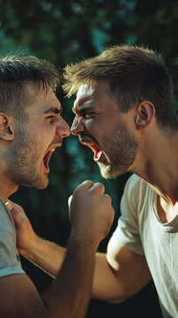 A brawl between two men.  A man slammed his fist into another man's face.  The idea of conflict and violence