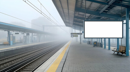 Foggy Train Station Platform With Blank Billboard Advertisement Space in a Deserted Urban Setting