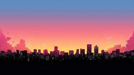 Fototapeta premium City Skyline Silhouette Against a Vivid Sunset Sky with Pink and Orange Hues