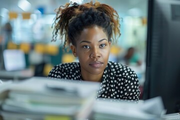 Professional African American Business Woman Focused on Auditing Invoices in Modern Office Setting, Captured in Close-Up Shot.