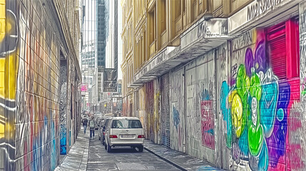 Fototapeta premium A colorful graffiti wall in an urban alley, showcasing a vibrant mix of street art and creative expression, depicting the energy of city life.