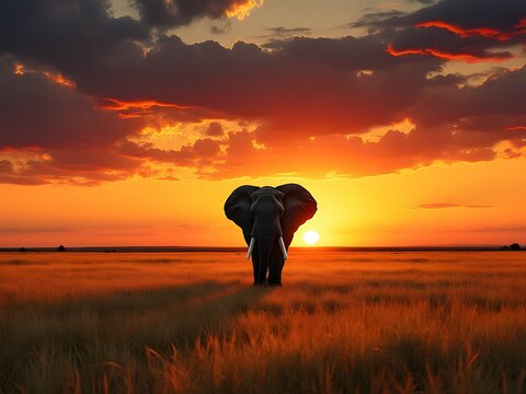 Lone elephant in vast golden grassland at sunset. African savanna sunset, elephant silhouette, golden hour wildlife - Powered by Adobe