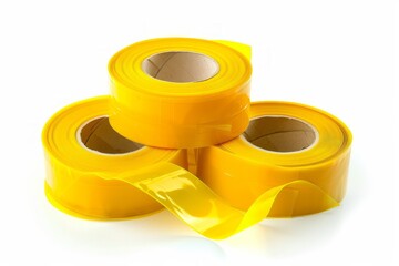 Three yellow tape rolls on white background. AI generated