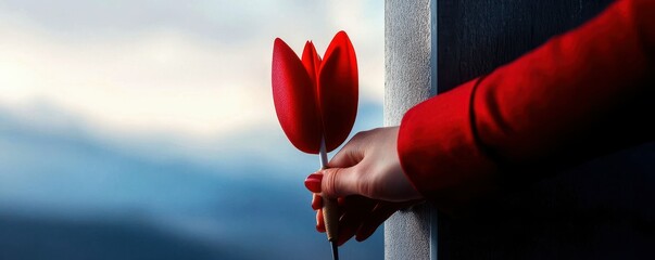 Woman's hand gently holds a single red tulip against a blurred sky backdrop.