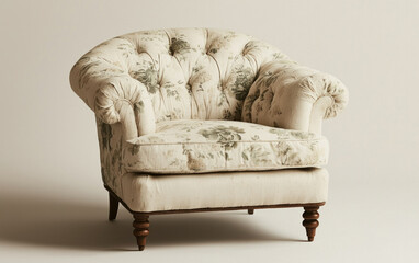 Cream Floral Upholstered Armchair with Dark Wood Legs