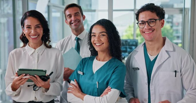 People, hospital faces and team in healthcare, solidarity and group of doctors for collaboration. Portrait, diversity and happy staff in clinic for medical support, medicine and about us for service