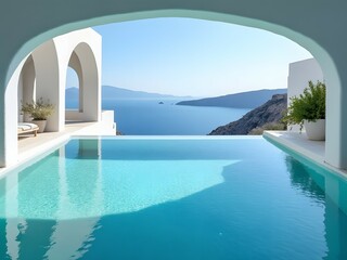 Fototapeta premium Luxury infinity pool with crystal-clear water and ocean view, white arches and rocky landscape. Luxurious villa design, whitewashed architecture