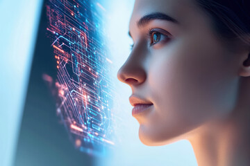 A holographic interface displays facial recognition on a woman's face. This blend of technology and security exemplifies modern identity verification methods.