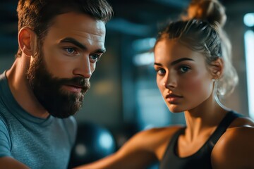 A motivational personal trainer with a beard watching closely as a young woman performs an aerobic routine, providing encouragement and feedback.