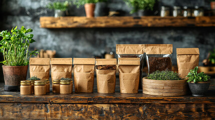 Fototapeta premium variety of biodegradable packaging displayed on rustic wooden table, surrounded by fresh herbs and plants, creating earthy and sustainable atmosphere