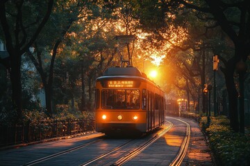 Obraz premium Sunrise tram through parkway