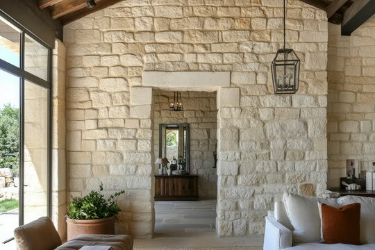 Stone-walled corridor with warm lighting and bench. AI generated