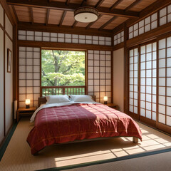 interior of a Japanese style bedroom with screens