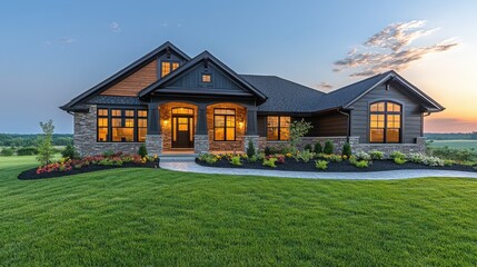 the front view of a newly built home is enhanced by a picturesque surrounding of vibrant green grass and a clear blue sky at sunrise this appealing exterior beckons potential buyers or renters