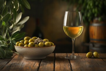 Bowl of green olives with white wine on rustic wood. AI generated