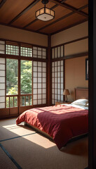 Japanese Style Bedroom with Red Sheets 