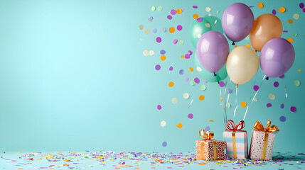 Festive Birthday Celebration Scene With Colorful Balloons Gifts And Confetti On A Pastel Blue Background