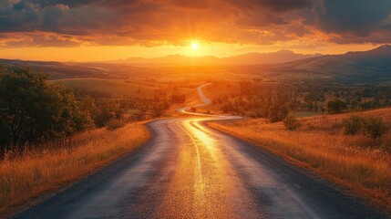 Naklejka premium Winding road at sunset, scenic countryside landscape