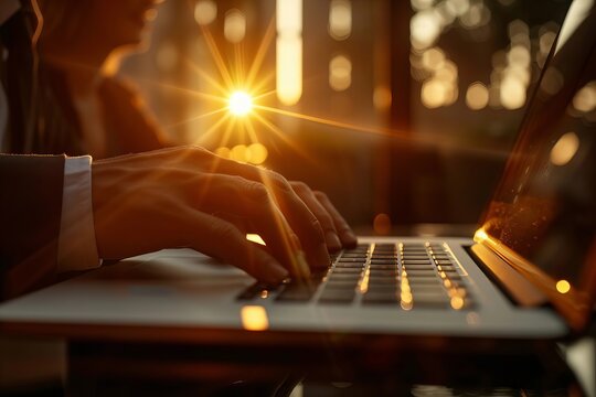 Close-up of businessman conducting video conference with female colleague on laptop. - Powered by Adobe