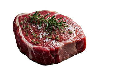 Fototapeta premium juicy raw pork steak, generously seasoned with a blend of fragrant herbs, including thyme and rosemary, and a sprinkle of coarse, flaky salt, sits atop a worn, wooden cutting board