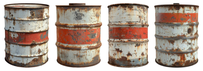 rusty metal barrels with red stripes on white background