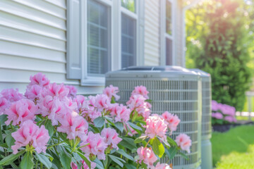 Fototapeta premium Pink flowers blooming near outdoor air conditioning unit in sunlit garden setting