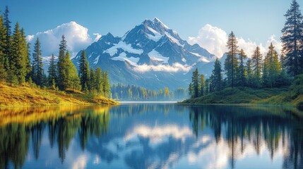 Obraz premium Mountain lake reflecting sunrise, serene alpine landscape