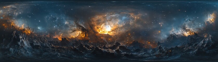 Fototapeta premium A stunning painting of a vast galaxy, featuring a vibrant orange and blue core that radiates light. Swirling stars and cosmic dust create a mesmerizing backdrop, evoking a sense of wonder.