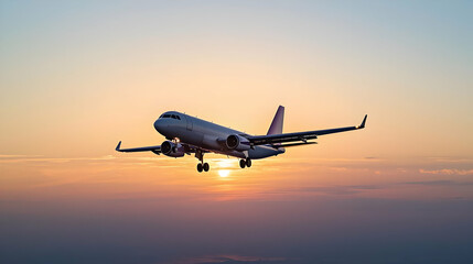 Fototapeta premium Passenger Airplane Landing During Golden Hour Sunset With Orange Sky Background and Cloudscape