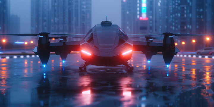 Futuristic aircraft on a rainy urban helipad at twilight with city lights