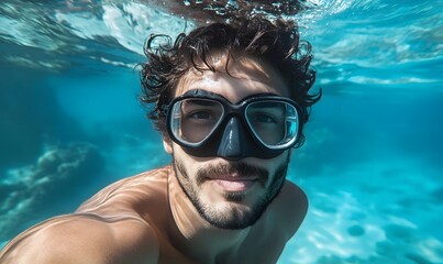 Naklejka premium Underwater selfie of a man snorkeling.