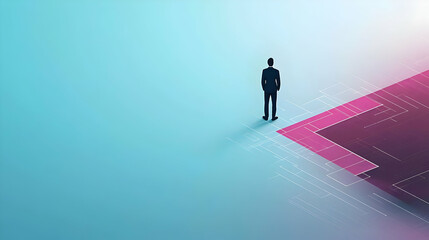 Obraz premium Businessman Standing At The Edge Of A Pixelated Pink Arrow On A Blue And Pink Gradient Background Symbolizing Future Vision And Strategic Decision Making In Modern Business