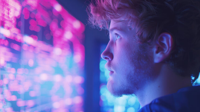 Young caucasian man analyzing digital data display in high tech environment with vibrant neon lighting