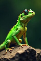 Fototapeta premium Green lizard wearing sunglasses, perched on rock, pet, scaled