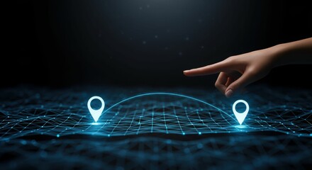 Hand hovering over futuristic network with location markers in digital interface