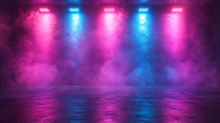 The dark stage shows, empty dark blue, purple, pink background, neon light, spotlights