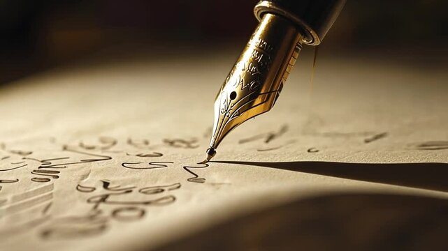 Antique fountain pen writing on aged parchment paper with elegant calligraphy, symbolizing history and literature.