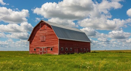 Rustic red barn in vibrant countryside under blue sky with white clouds
