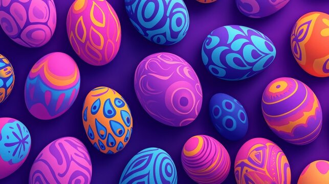 Colorful easter eggs arranged on vibrant purple background, festive holiday decoration with pastel tones and spring celebration theme.


