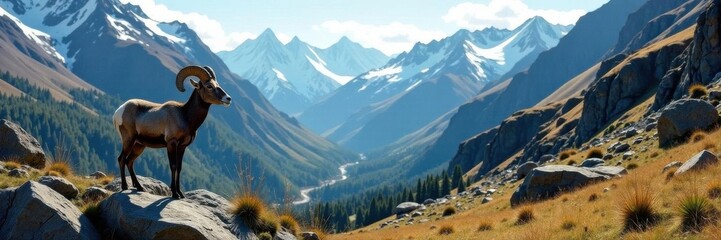 Fototapeta premium Majestic bighorn sheep surveys vast Glacier canyon , nature, adventure