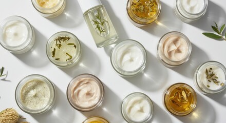 Natural skincare products arrangement with creams and oils in glass jars