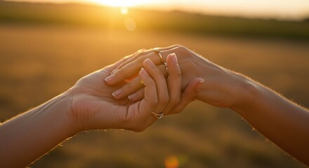 Two hands gently holding in the golden sunlight, symbolizing love, support, friendship, unity, and emotional connection between people in harmony. symbolizing International Women's Day.
