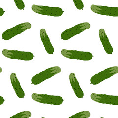 Pattern featuring cucumbers on a white background with varying styles and orientations in a playful design