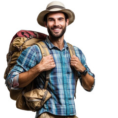 smiling man with backpack on transparent background