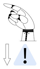 Robotic hand gesturing downward paired with a downward arrow and warning exclamation mark. Ideal for technology caution, AI ethics, safety alerts, future work risks, automation issues, modern